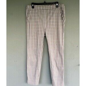 Women's Chino Pants Large Ivory Cream Beige Plaid Ruffle Flat Front Career Prepp